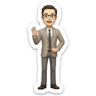 Full height Actively gesturing with hands Pale skinned fit man with dark brown hair in gray jacket, beige office shirt, brown tie, brown pants and vintage glasses. sticker