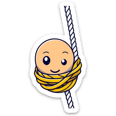 A funny cartoon character completely entangled in rope with just their face peeking out, looking silly sticker