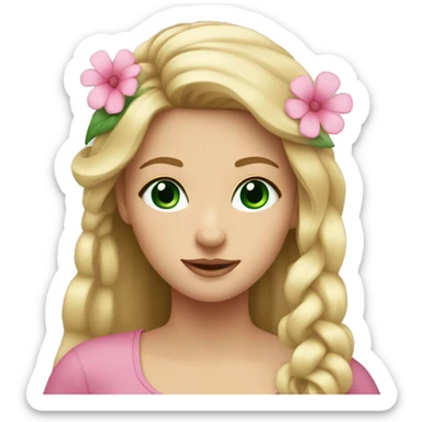 Young woman, long blond hair, dark green eyes and a pink flower in her hair  sticker