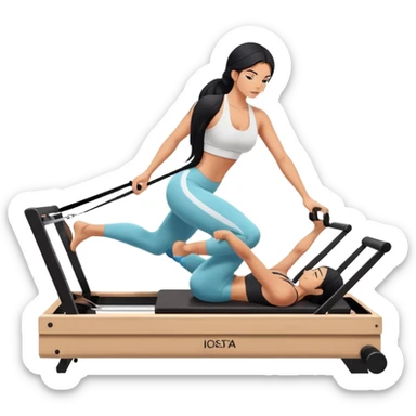 woman with tanned skin, long black hair, wearing a sports bra, doing Pilates on a reformer machine sticker