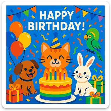 birthday party scene with a rainbow color theme including rainbow balloons, multicolored decorations, confetti, a large rainbow birthday cake, gifts, and a festive atmosphere; main character is a ginger tabby kitten wearing a birthday hat, surrounded by a puppy, bunny, and parrot also celebrating; include a prominent 'Happy Birthday!' message sticker