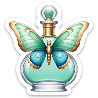 A delicate butterfly with pastel green and blue wings resting on a vintage glass perfume bottle with golden details. sticker