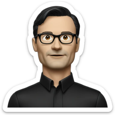 small photo realistic waving Ralf Hutter from Kraftwerk, short straight black hair, Dark Brown eyes, black glasses, thin, black shirt, side view sticker