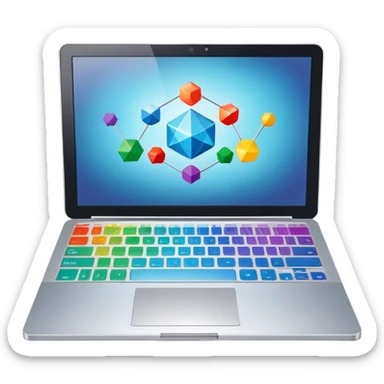 Professional icon for Graphic Design: a laptop with Photoshop open on the screen, displaying geometric shapes like spheres, cubes, and pyramids, along with a stylus. The icon should reflect the creative process in graphic design. Transparent background. sticker