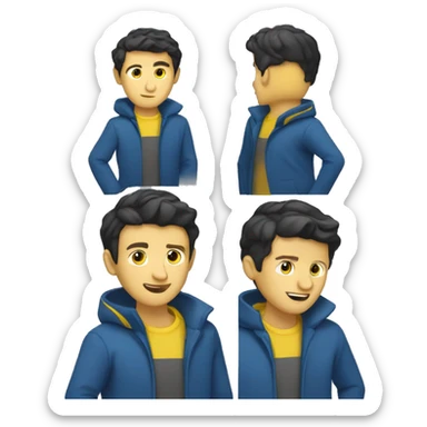 HALF BODY CAUCASIAN GUY WITH SOFT BLACK SHORT HAIR WITH BLUE COAT AND YELLOW INNER SHIRT SHOWING HIS DANCE MOVES sticker