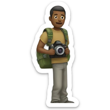 a drawn man stands against the background of a world map and holds a camera in his hands sticker