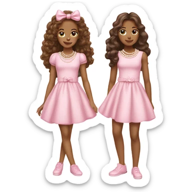 two teenage Latina twins. pink. Long hair. Pink bows. Pearls. Light pink. Diamonds dress. sticker