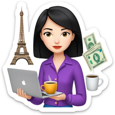 woman character with laptop and coffee in Paris, dollars coming out from the screen floating, colorful chic outfit, white laptop, Pixar style, black hair, fair skin,  sticker