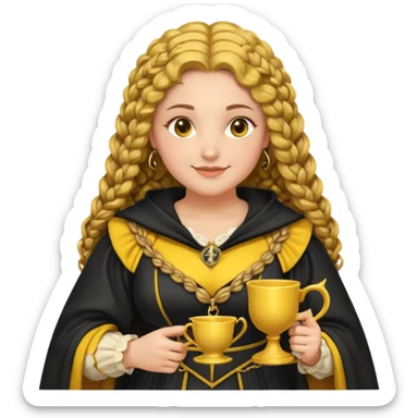 Helga Hufflepuff, 2 curly thick brown braids, yellow-black medieval dress, black cloak decorated with gold braiding, tiny two-handled shiny yellow-gold cup, very kind smile, curvy busty sweet woman, thick rosy cheeks sticker