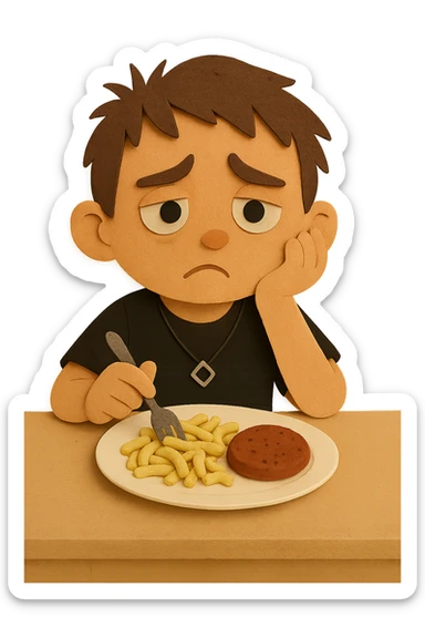Now he looks slightly worried — he was told that if he doesn't eat protein, he might not grow up. sticker