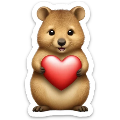 A realistic quokka holding a big heart sticker