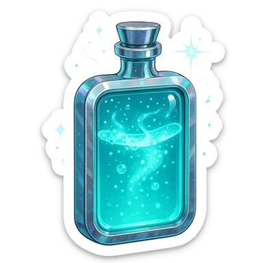 prabangus eliksyro buteliukas, tabletės forma, žydra (cyan) spalva, sidabrinės ir holografinės detalės, daug magiškų efektų, labai mažas kaklelis, vientisas dugnas, skaidrus fonas, buteliukas plūduriuoja ore, be pagrindo ar šešėlio, modernus, kolekcijai tinkamas sticker