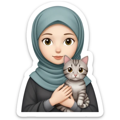 White girl wearing pretty hijab holding a black grey tabby cat while standing sticker