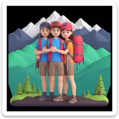 back packer couple posing, mountains in background,   close up pose sticker