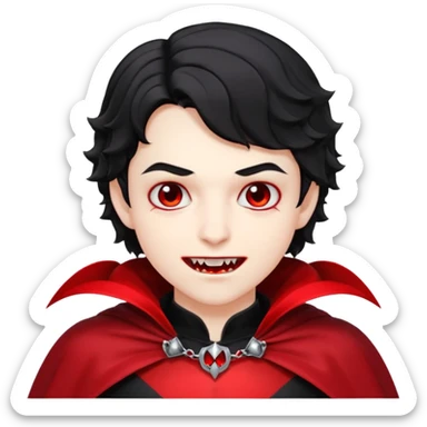 Pale skin, short black wavy hair, red and black cape. A traditional vampire look. sticker