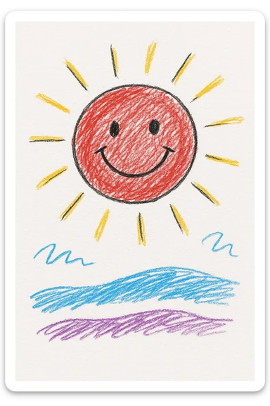 a smiling sun with rays, children's doodle style sticker