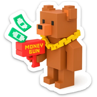 A grizzly bear with a chain and a money gun, voxel style, facing left sticker