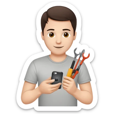 make a white guy with dark brown hair, with a simple white o grey shirt, repairing an iphone happy, tecnician with small real tools for phone sticker