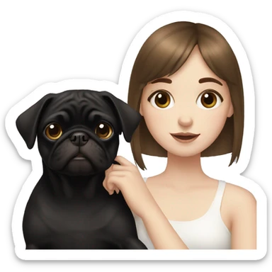 Pale girl with brown bangs holding black pug sticker