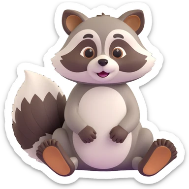 3D raccoon, sitting, playful expression, fluffy tail sticker