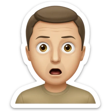 generate an emoji of Vladimir Zelensky in a khaki T-shirt. the emotion of intense surprise from fear. 4 different options sticker