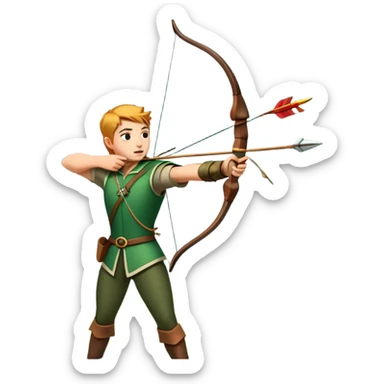 A skilled archer, resembling Robin Hood, drawing a bow and releasing an arrow towards a target. The scene captures the perfect moment of release, with the bowstring taut and the arrow flying toward the bullseye, set in a forest or archery range background. sticker