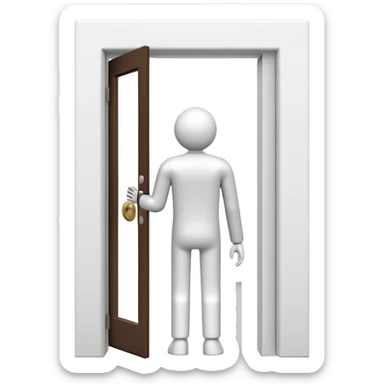 minimalistic icon of a white human figure walking through an open outlined door, viewed from the front, door with visible doorknob, solid green background, flat simple clean lines, high contrast sticker