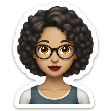 Girl with curly black hair, round thin glasses, brown eyes and red lips, very light skin tone sticker
