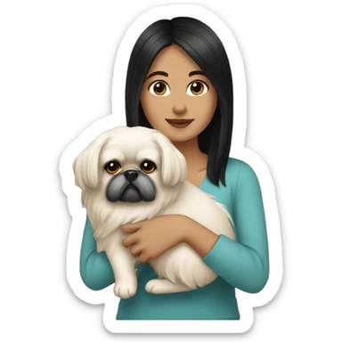 White girl with black hair holding Pekingese  sticker