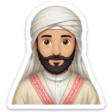 Saudi man emoji style, distinct sharp features, thick beard, white thobe, red shemagh, cheerful friendly look sticker
