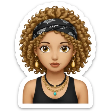 Baddie girl with black  tank top curly hairss and bandana and jwellery sticker