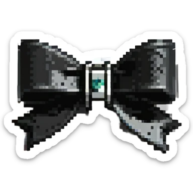 minimalist goth bow, matte black, sharp edges, small silver charm, modern dark aesthetic sticker