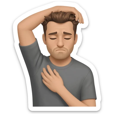 A man who is depressed with his left arm draped over the top of his head so the inside of his left elbow is on the very top of his head where hair grows from and his left hand is touching his right shoulder sticker