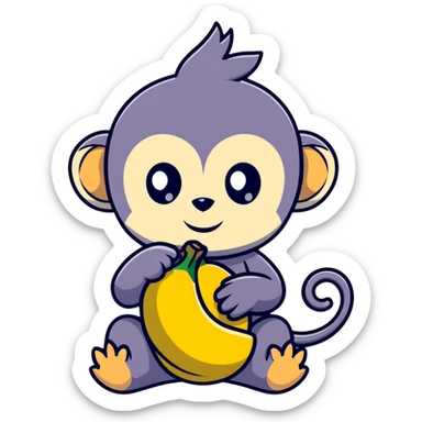 super kawaii baby monkey with big shiny eyes and tiny paws carefully peeling a banana sticker