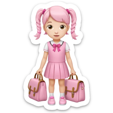 small girl wearing pink student uniform, white dress, white shoes and a bow on her pigtail hair, holding school bag sticker
