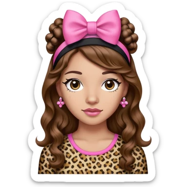 Light skin brown hair long wavy black headband with a small pink bow on each side leopard print shirt with small pink bows woman sticker