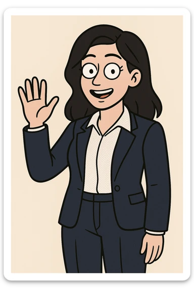 A woman black hair white Villeta Herringbone Shirt Navy Cannes Tailored Fit Jacket jackets Navy Rosalind High Waist Trouser a hand say hello sticker