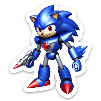 Metal Sonic robot hedgehog with red eyes, metallic blue body, and jet boosters sticker