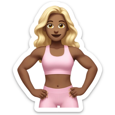 Woman, white skin, light skin, long hair, blonde hair, wavy hair, baby pink sports bra, baby pink leggings, flexing one arm sticker