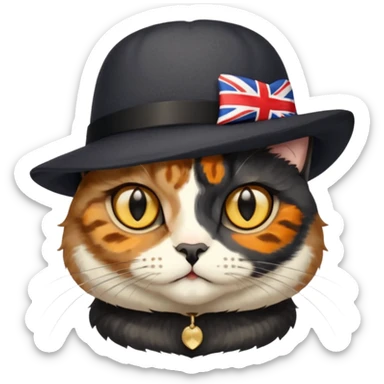 mostly black tortoiseshell cat, gold eyes, british hat sticker
