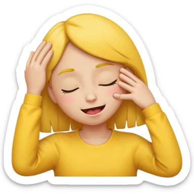 Yellow emoji closed eyes, smiling tongue out, hand on side of face pushing hair back into ear sticker