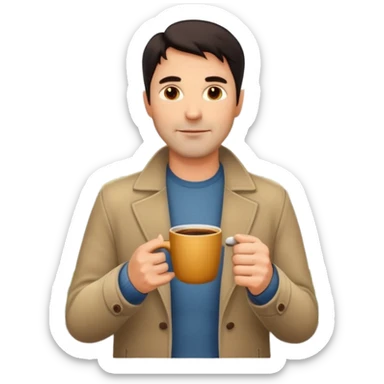 A handsome 45 year old white man with dark hair in a very foggy park with a city view drinking a cup of coffee sticker