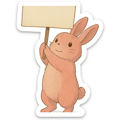 full-body rosy bunny holding a signboard high above its head, soft Ghibli style sticker