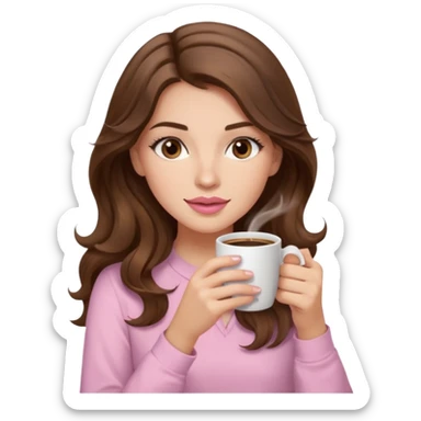 girl with wavy long brown hair, brown eyes, light to medium complexion, long lashes, light pink lipstick, wearing light pink shirt, sipping coffee sticker