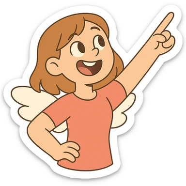 girl with light brown shoulder-length hair and white wings joyfully pointing to the sky sticker