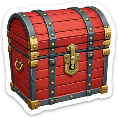 A red wooden treasure chest from an RPG, with metal hinges and a lock sticker