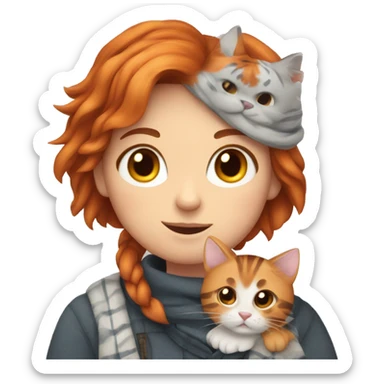 A Scottish cat with a tiger gray color, a red-haired girl in her arms sticker