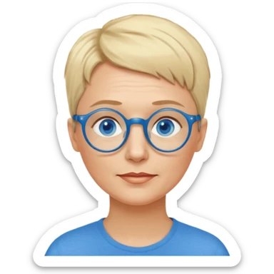 woman 50 years old, very short blonde hair like a man, blue eyes and blue round glasses sticker