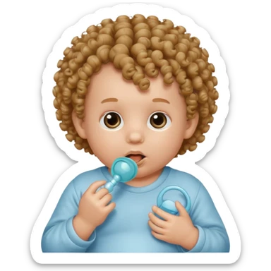 Close-up, newborn baby boy, curly hair, pacifier sticker