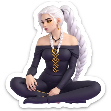 closeup portrait of young woman with gold yellow eyes, white hair in a long braid, black off-shoulder top, punk gothic style, futuristic cyberwave, sitting position sticker